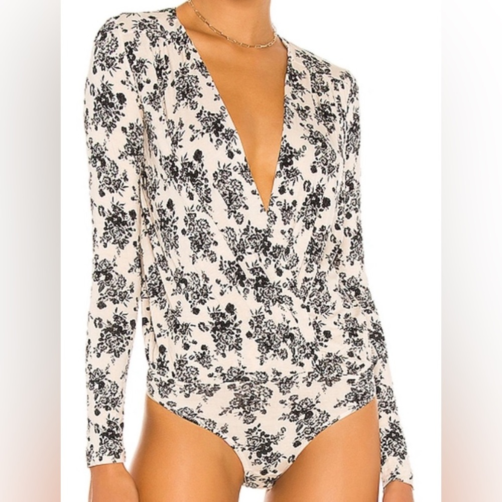 Intimately Free People Cream/Black Floral Print Wrap Front Bodysuit